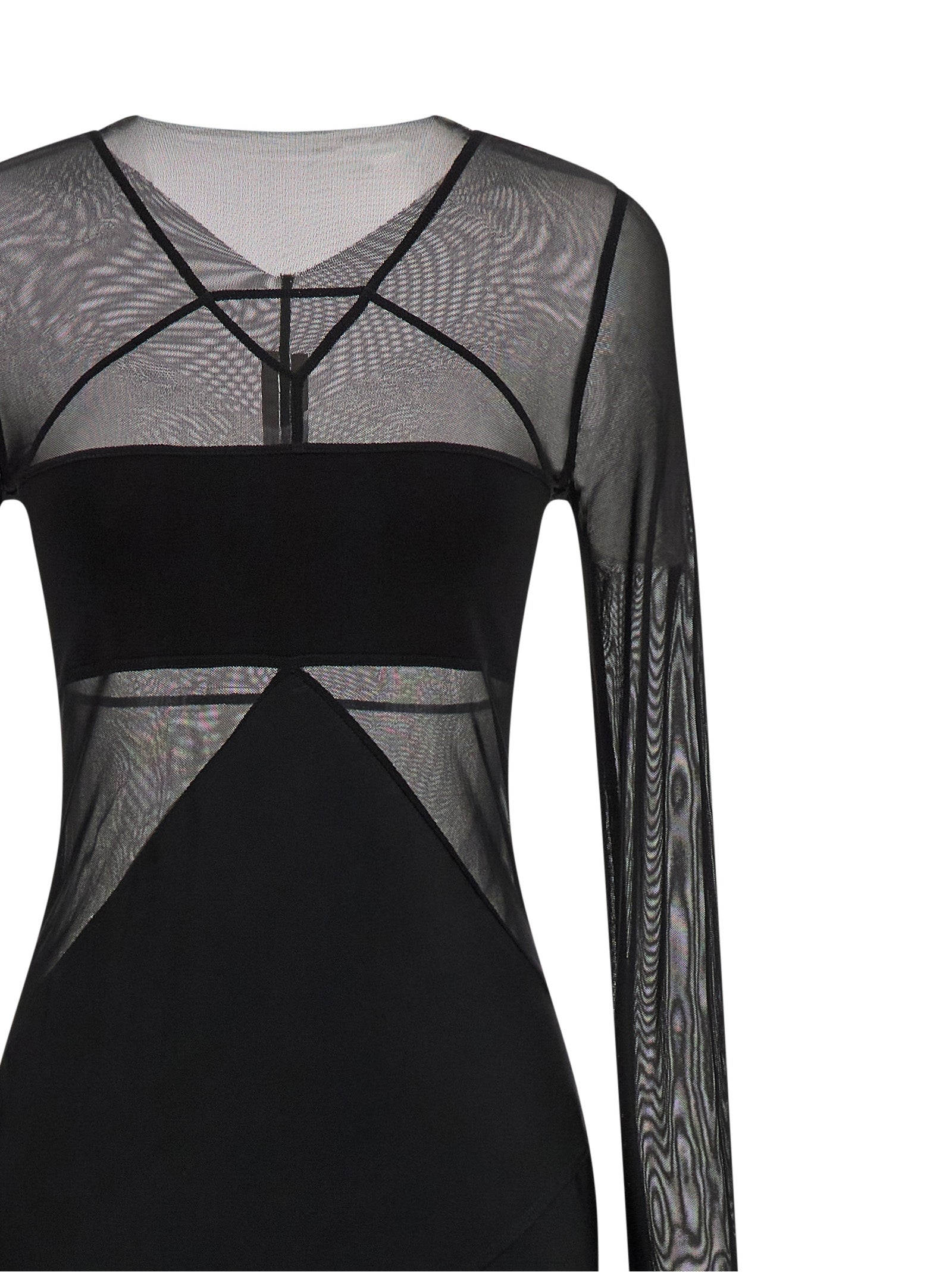 Dress by Rick Owens for women in silk nylon chiffon black & transparent presents a sinuous silhouette, showcasing a sophisticated boat neckline and detailed with a sinuous long for a refined finish.