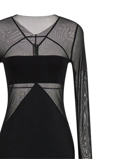 Dress by Rick Owens for women in silk nylon chiffon black & transparent presents a sinuous silhouette, showcasing a sophisticated boat neckline and detailed with a sinuous long for a refined finish.