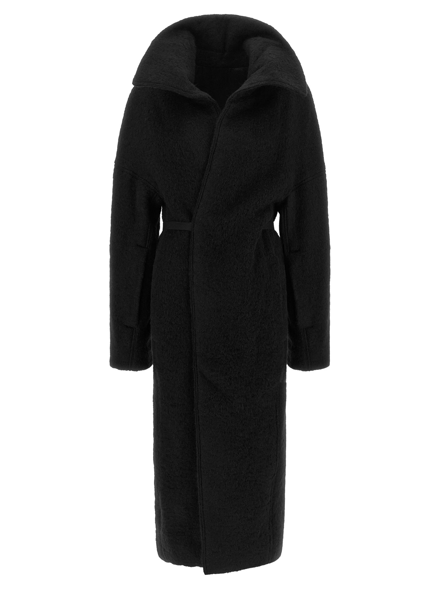 Overcoat by Rick Owens for women in marabou & alpaca wool black showcases a architectural silhouette, artfully detailed with a distinctive split neckline and functional pockets for a architectural finish.