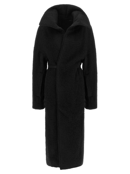 Overcoat by Rick Owens for women in marabou & alpaca wool black showcases a architectural silhouette, artfully detailed with a distinctive split neckline and functional pockets for a architectural finish.