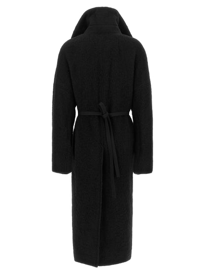 Overcoat by Rick Owens for women in marabou & alpaca wool black showcases a enveloping silhouette, detailed with distinctive pockets and a enveloping split neckline.