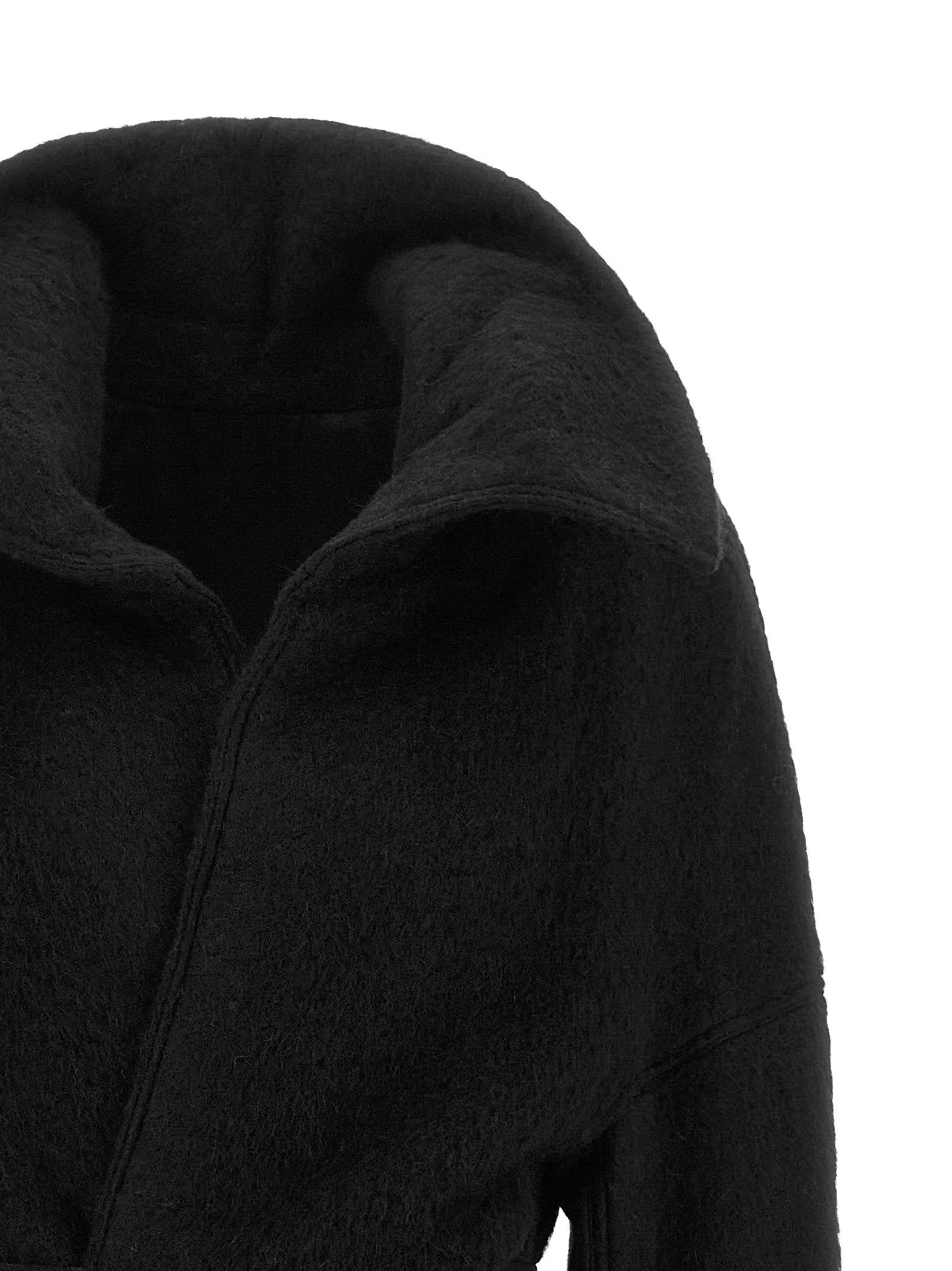 Overcoat by Rick Owens for women in marabou & alpaca wool black features a contemporary silhouette showcasing a contemporary split neckline and refined pockets for a sophisticated finish.