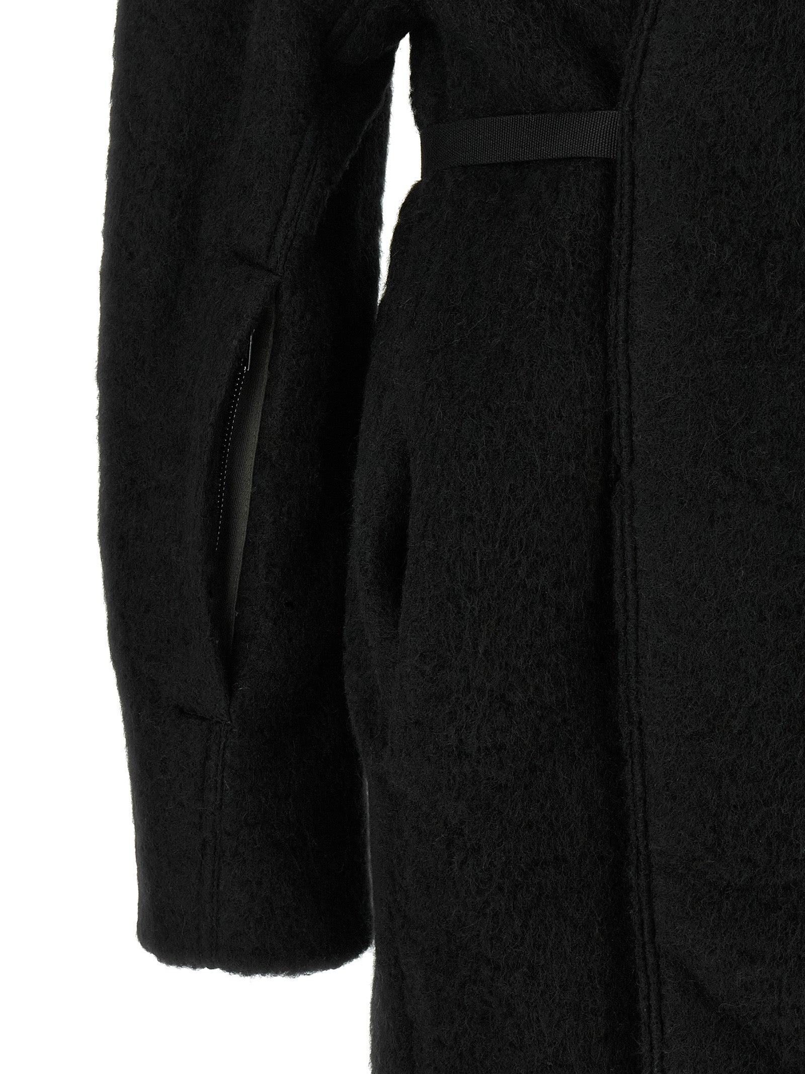 Overcoat by Rick Owens for women in marabou & alpaca wool black features an satoral silhouette, showcasing a sophisticated and satoral pockets for a premium, timeless look.