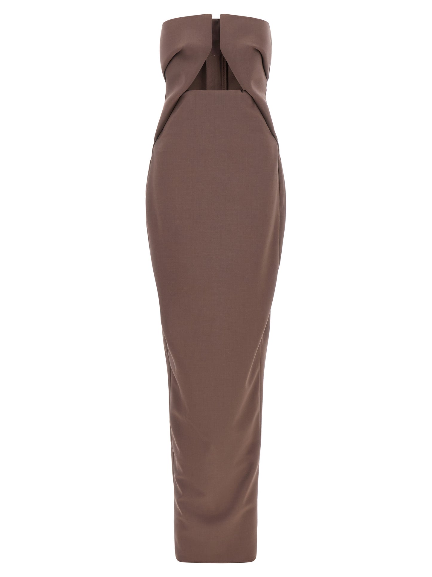 Dress by Rick Owens for women in satin wool brown presents a sinuous silhouette, showcasing a sophisticated split neckline and detailed with a sinuous long for a refined finish.