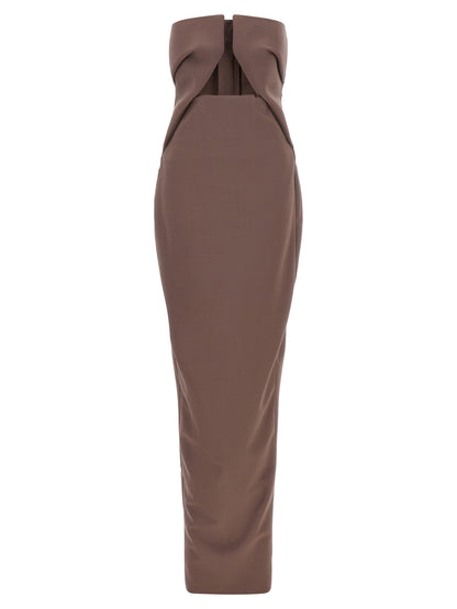 Dress by Rick Owens for women in satin wool brown presents a sinuous silhouette, showcasing a sophisticated split neckline and detailed with a sinuous long for a refined finish.