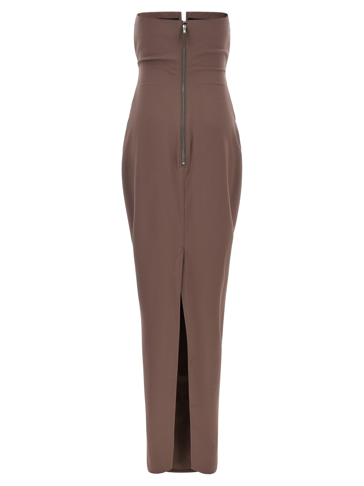 Dress by Rick Owens for women in satin wool brown features an eye catching silhouette with a sophisticated split neckline, elegant , and a refined long for a eye catching aesthetic.