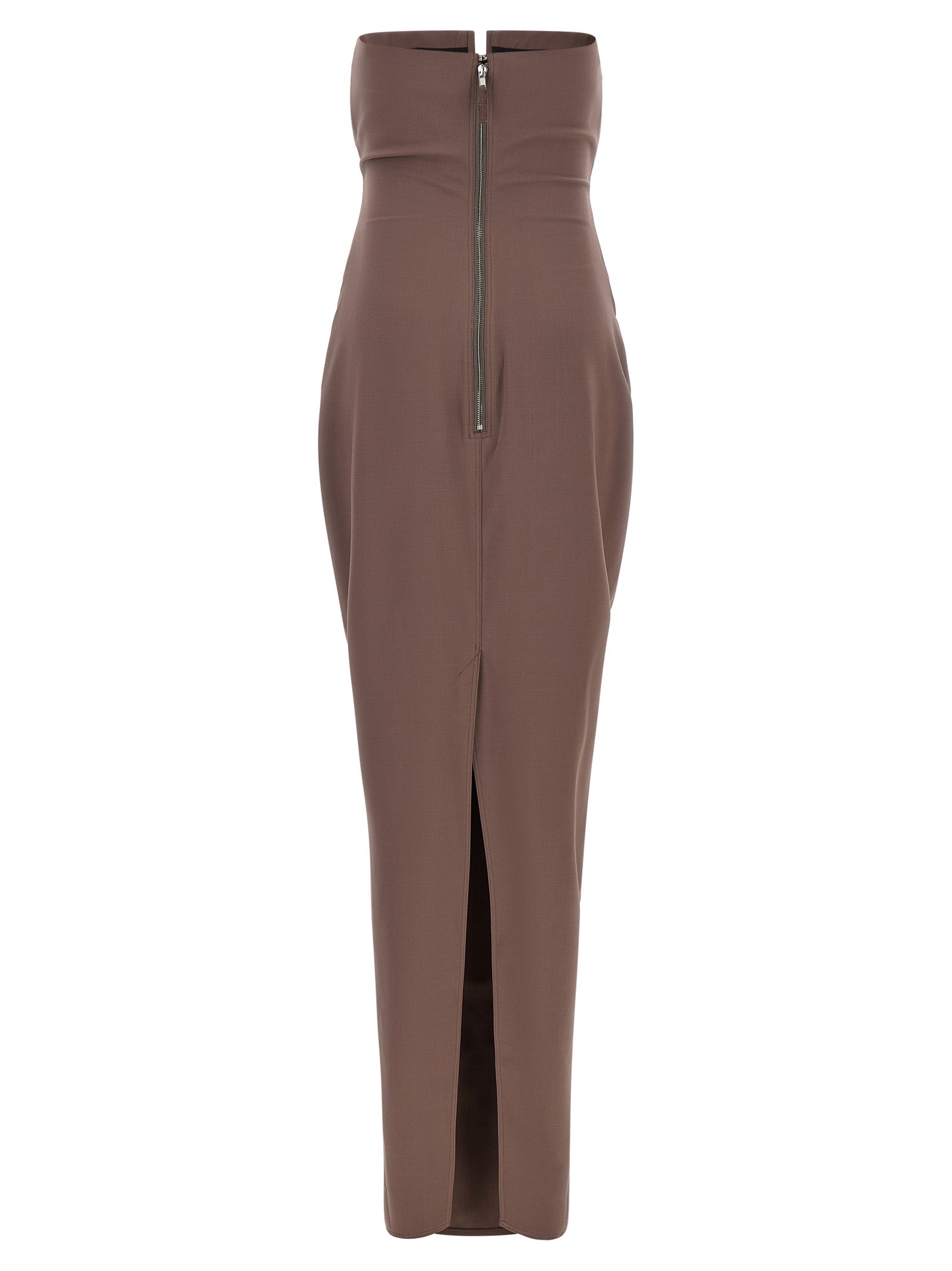 Dress by Rick Owens for women in satin wool brown features an eye catching silhouette with a sophisticated split neckline, elegant , and a refined long for a eye catching aesthetic.