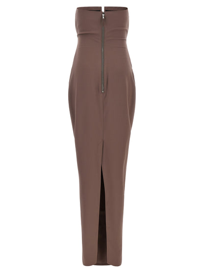Dress by Rick Owens for women in satin wool brown features an eye catching silhouette with a sophisticated split neckline, elegant , and a refined long for a eye catching aesthetic.