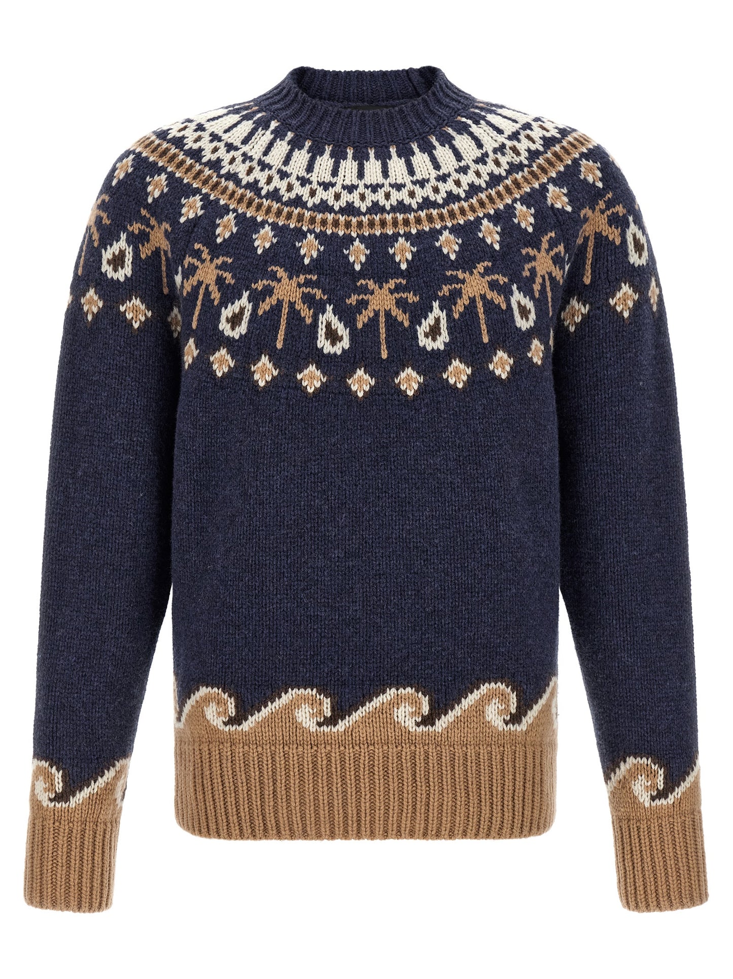 Cardigan by Alanui for men in virgin wool blue, natural, patterned & jacquard features a dramatic silhouette, showcasing a sophisticated crew neckline and dramatic detail for a timeless, premium look.