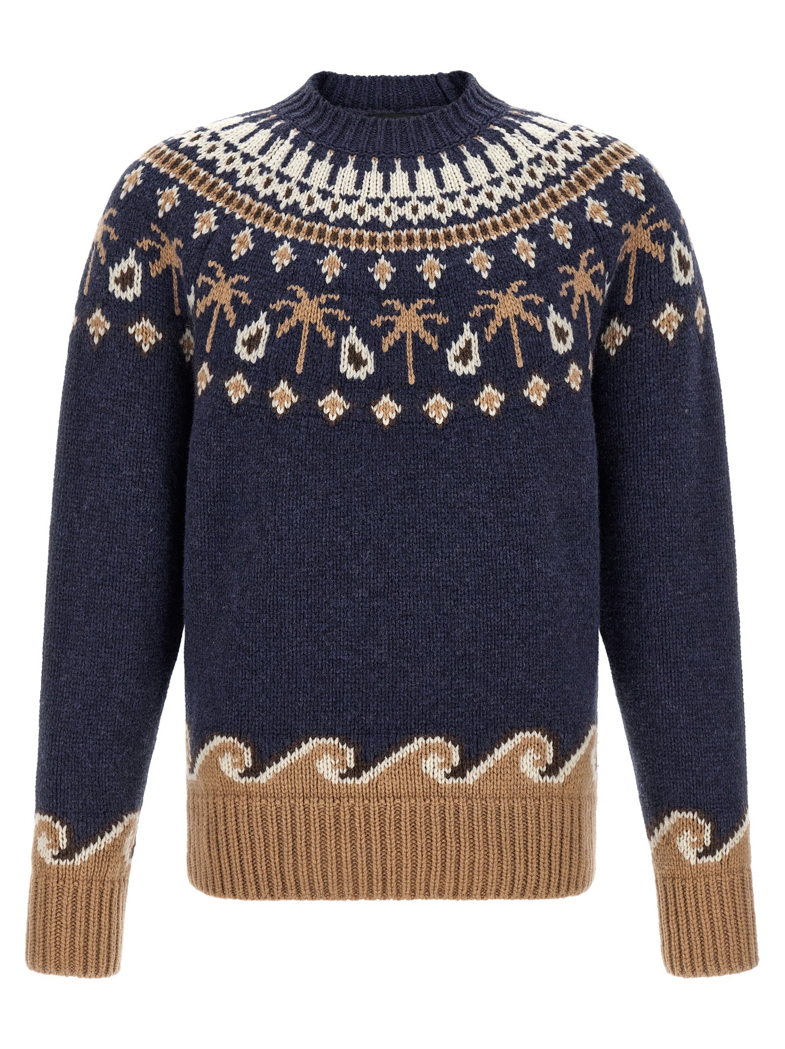 Cardigan by Alanui for men in virgin wool blue, natural, patterned & jacquard features a dramatic silhouette, showcasing a sophisticated crew neckline and dramatic detail for a timeless, premium look.