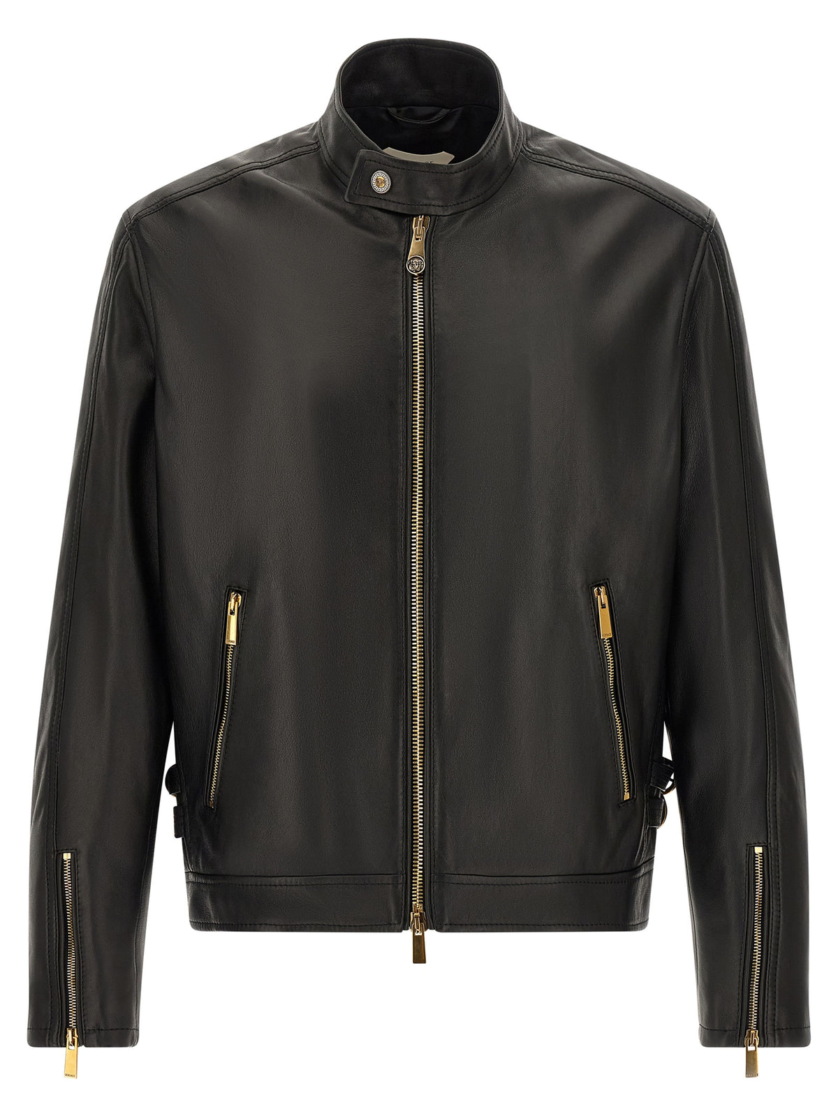 Jacket by Versace for men in nappa lamb leather black & gold showcases a contemporary silhouette, detailed with a contemporary and premium pockets for a sophisticated finish.