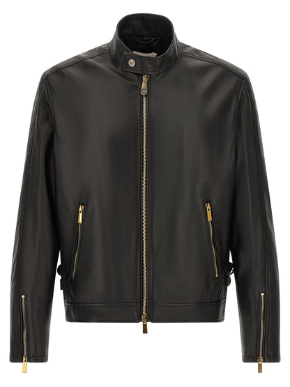 Jacket by Versace for men in nappa lamb leather black & gold showcases a contemporary silhouette, detailed with a contemporary and premium pockets for a sophisticated finish.