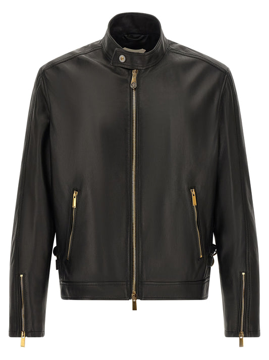 Jacket by Versace for men in nappa lamb leather black & gold showcases a contemporary silhouette, detailed with a contemporary and premium pockets for a sophisticated finish.