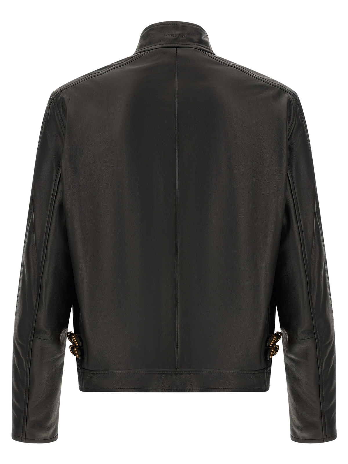 Jacket by Versace for men in nappa lamb leather black & gold presents a impeccable silhouette, showcasing distinct pockets and a impeccable for a sophisticated finish.