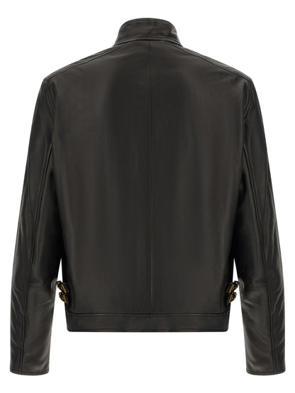 Jacket by Versace for men in nappa lamb leather black & gold presents a impeccable silhouette, showcasing distinct pockets and a impeccable for a sophisticated finish.