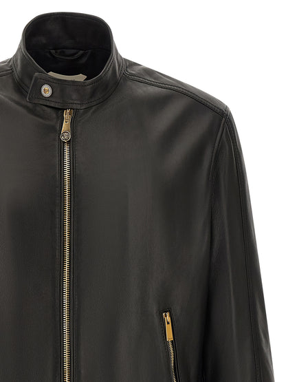 Jacket by Versace for men in nappa lamb leather black & gold features an utilitarian silhouette with a refined , showcasing sophisticated pockets for an utilitarian aesthetic.