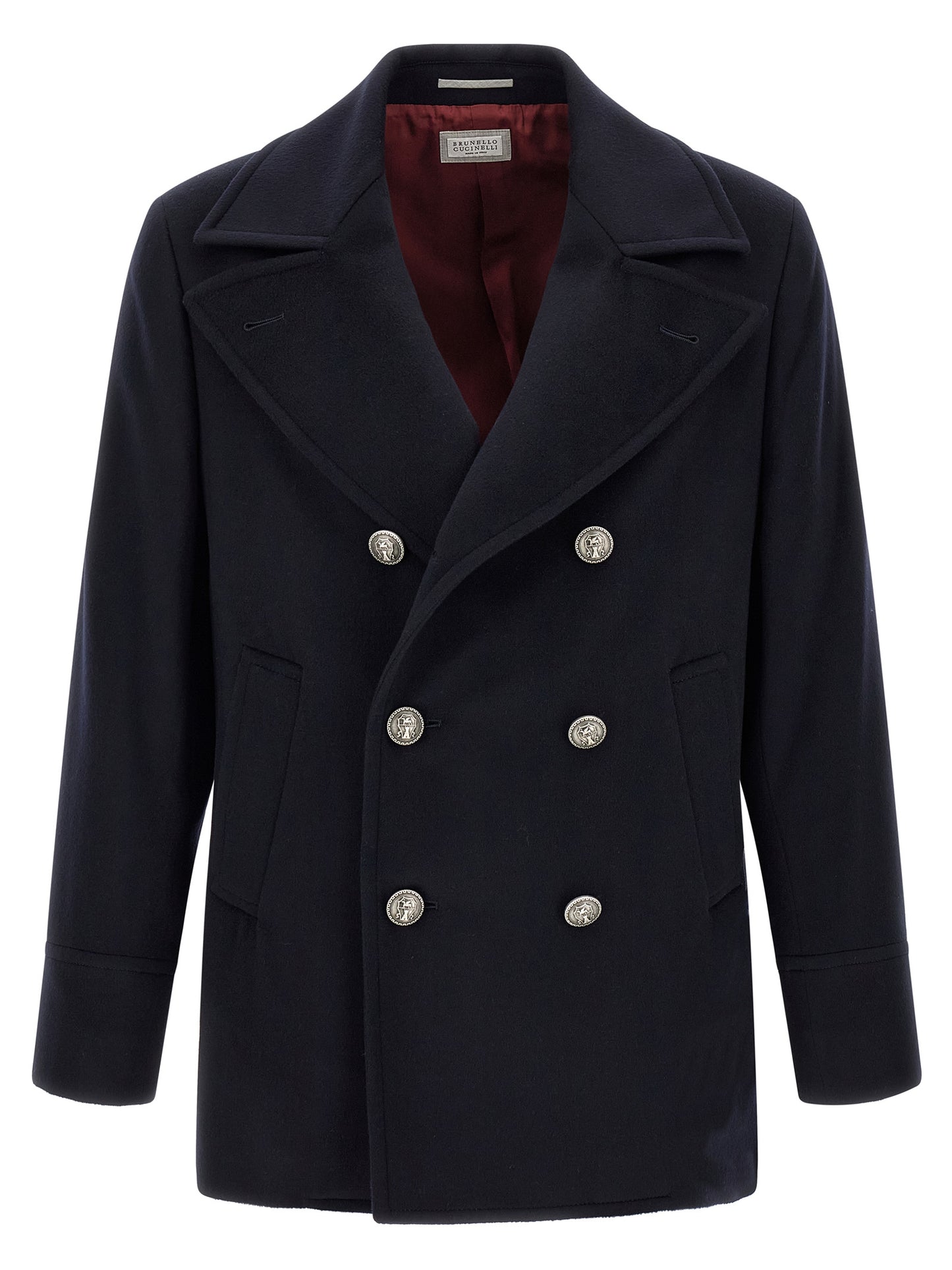 Pea Coat by Brunello Cucinelli for men in virgin wool blue, burgundy & silver features a stylish silhouette, detailed with pockets and a stylish for a sophisticated finish.