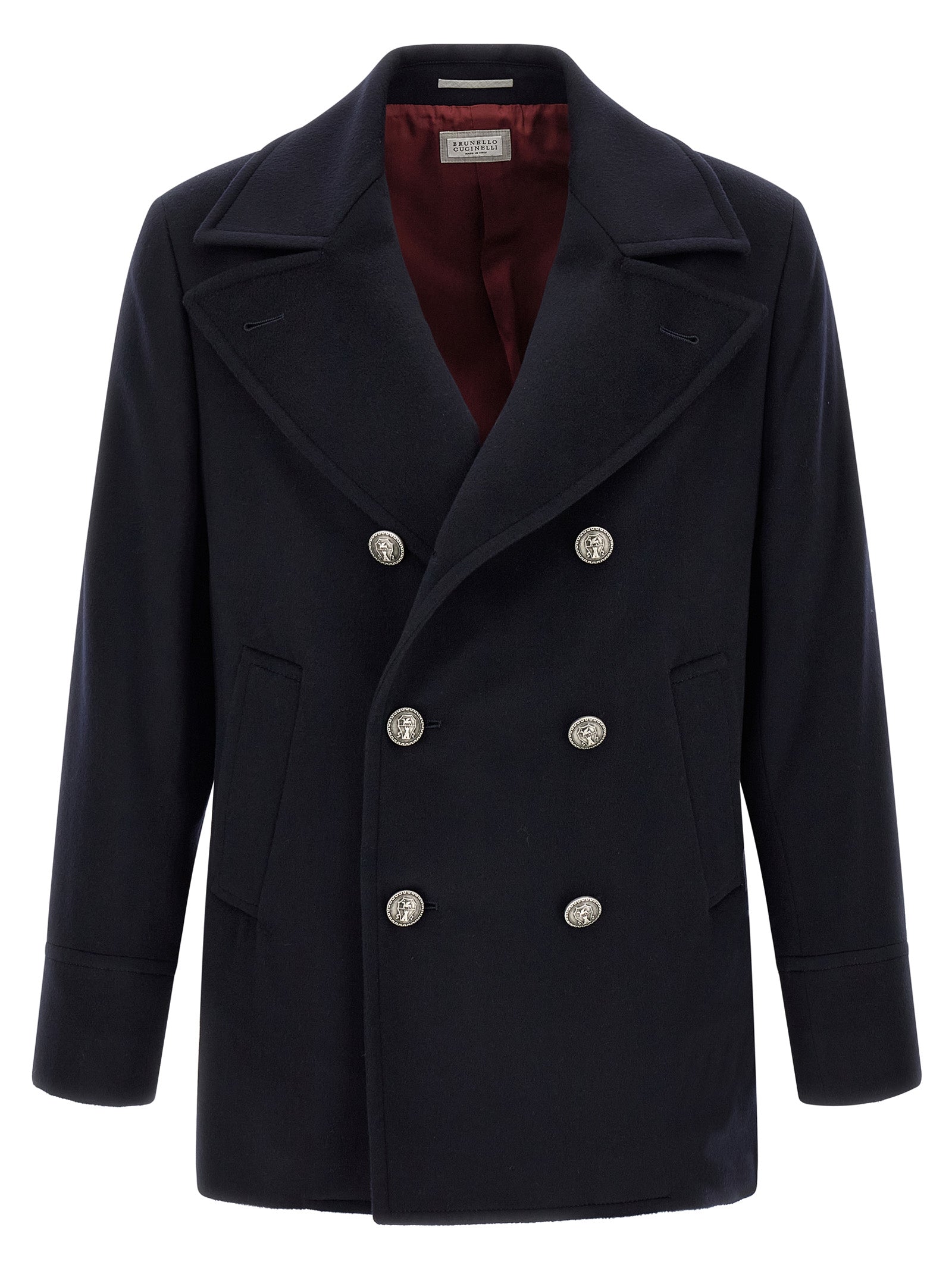 Pea Coat by Brunello Cucinelli for men in virgin wool blue, burgundy & silver features a stylish silhouette, detailed with pockets and a stylish for a sophisticated finish.