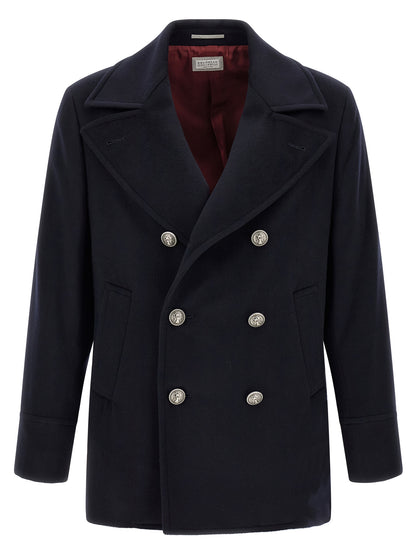 Pea Coat by Brunello Cucinelli for men in virgin wool blue, burgundy & silver features a stylish silhouette, detailed with pockets and a stylish for a sophisticated finish.