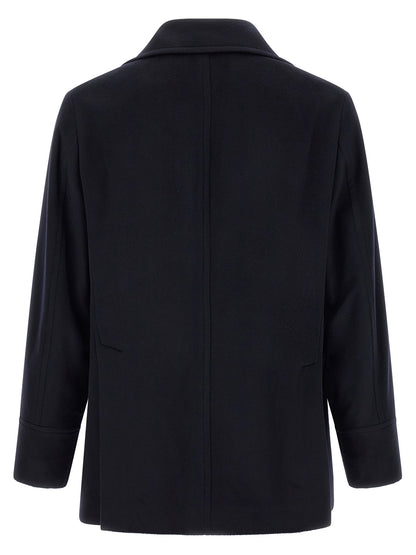 Pea Coat by Brunello Cucinelli for men in virgin wool blue, burgundy & silver features a nuanced silhouette, showcasing a sophisticated and nuanced pockets for a truly nuanced finish.