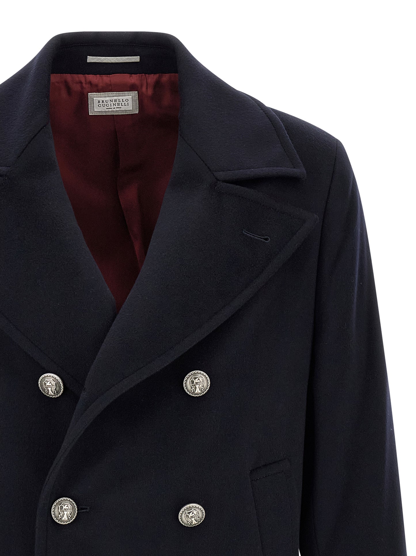 Pea Coat by Brunello Cucinelli for men in virgin wool blue, burgundy & silver features a captivating silhouette detailed with a captivating and functional pockets for a polished look.