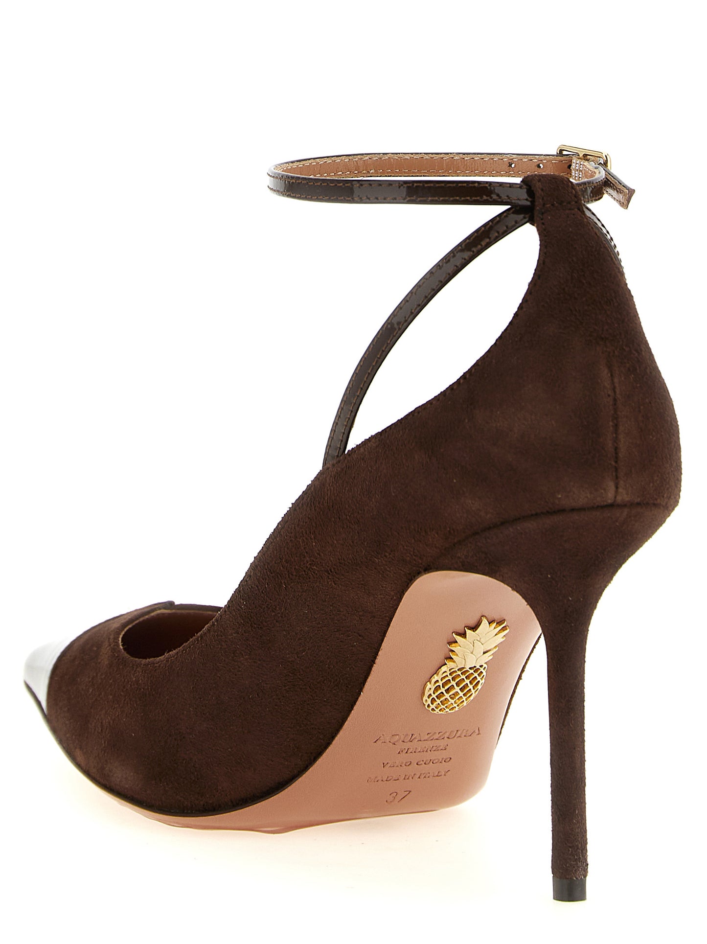 High-Heel Stiletto Ankle Strap Pumps Heels by Aquazzura for women in calfskin & lambskin brown & gold features an captivating silhouette, showcasing the elegant Play Women's Calfskin & Lambskin High-Heel Stiletto Ankle Strap Pumps Heels design with a stiletto high-heel and a sophisticated .