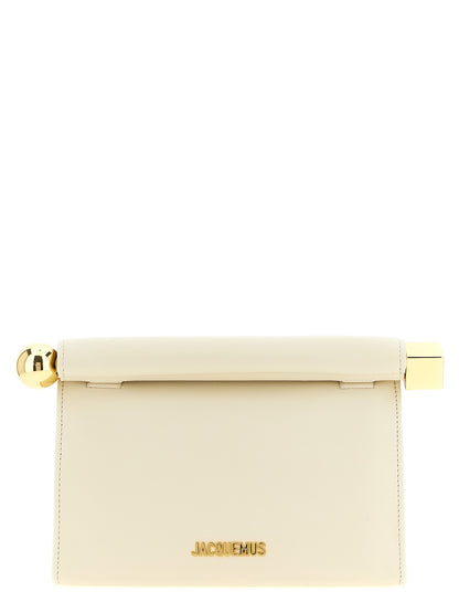 Pouch Clutch Handbag by Jacquemus for women in nappa lamb leather & cotton gold, ivory, natural & white features an sculptural silhouette, showcasing a secure magnetic and sculptural with versatile shoulder-strap & adjustable-strap for a sophisticated look.
