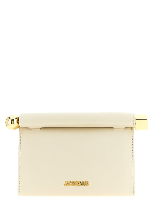 Pouch Clutch Handbag by Jacquemus for women in nappa lamb leather & cotton gold, ivory, natural & white features an sculptural silhouette, showcasing a secure magnetic and sculptural with versatile shoulder-strap & adjustable-strap for a sophisticated look.