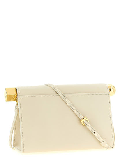 Pouch Clutch Handbag by Jacquemus for women in nappa lamb leather & cotton gold, ivory, natural & white showcases a sculptural silhouette, featuring a secure magnetic, ample , and versatile shoulder-strap & adjustable-strap for a sculptural aesthetic.