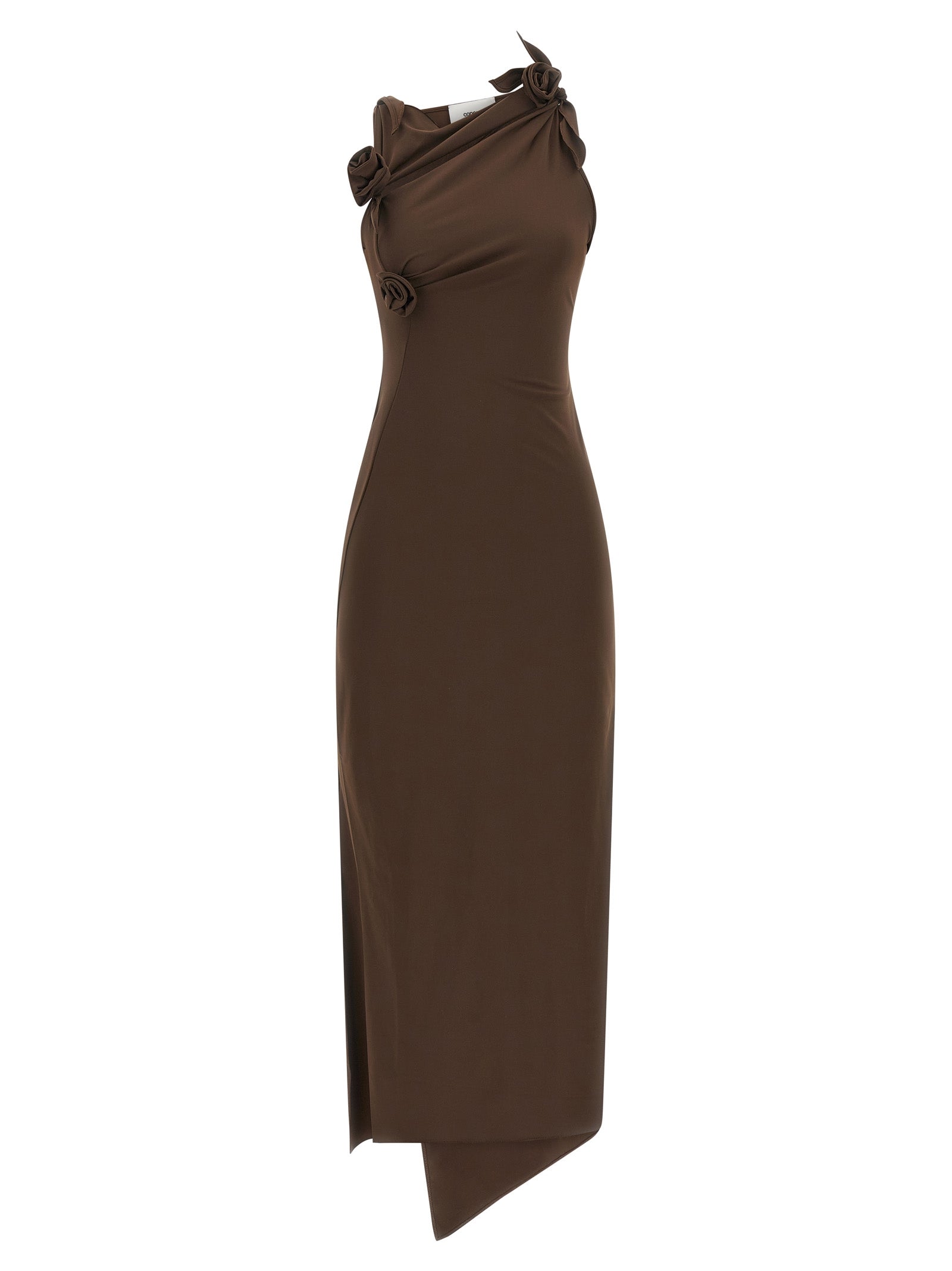 Dress by Coperni for women in polyamide satin brown & floral showcases a striking silhouette, elegantly detailed with a sleeveless, refined split neckline, and a striking long for a striking finish.