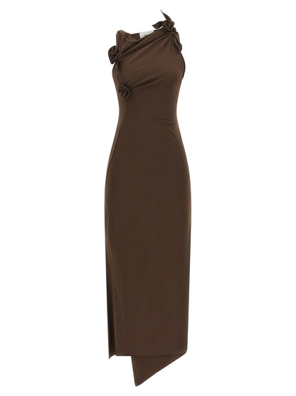 Dress by Coperni for women in polyamide satin brown & floral showcases a striking silhouette, elegantly detailed with a sleeveless, refined split neckline, and a striking long for a striking finish.
