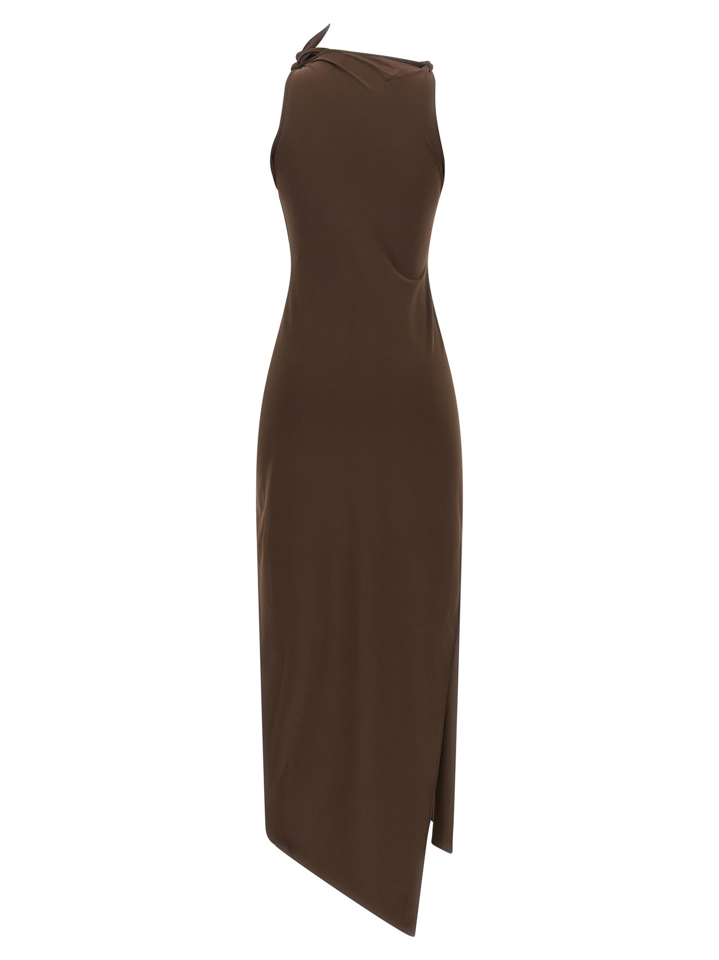 Dress by Coperni for women in polyamide satin brown & floral presents a sinuous silhouette, showcasing a sophisticated split neckline and detailed with a sinuous long for a refined finish.