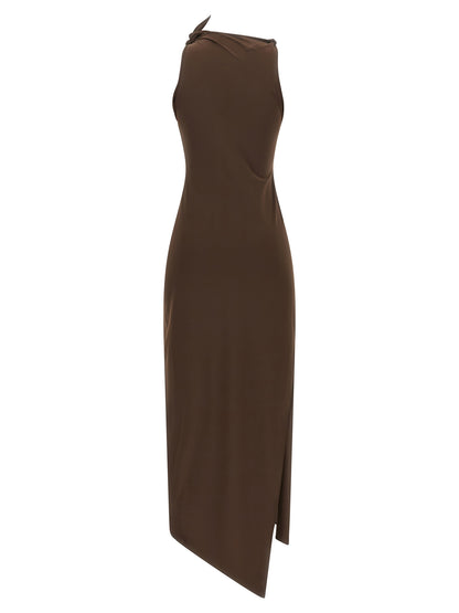 Dress by Coperni for women in polyamide satin brown & floral presents a sinuous silhouette, showcasing a sophisticated split neckline and detailed with a sinuous long for a refined finish.