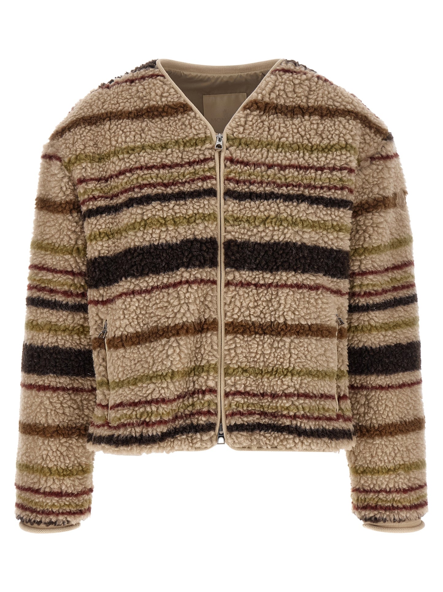 Cardigan by Moncler for women in wool & polyester beige, brown, burgundy, green, olive, patterned & striped showcases a luxurious silhouette, meticulously detailed with a sophisticated v-neck neckline and for a refined finish.