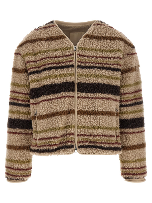 Cardigan by Moncler for women in wool & polyester beige, brown, burgundy, green, olive, patterned & striped showcases a luxurious silhouette, meticulously detailed with a sophisticated v-neck neckline and for a refined finish.