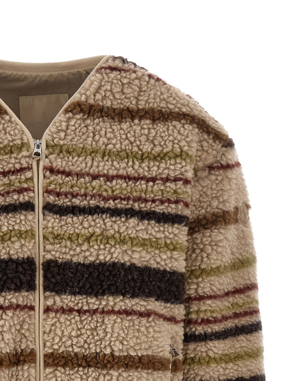 Cardigan by Moncler for women in wool & polyester beige, brown, burgundy, green, olive, patterned & striped presents a textural silhouette, artfully finished with a textural v-neck neckline and for a sophisticated, textural look.