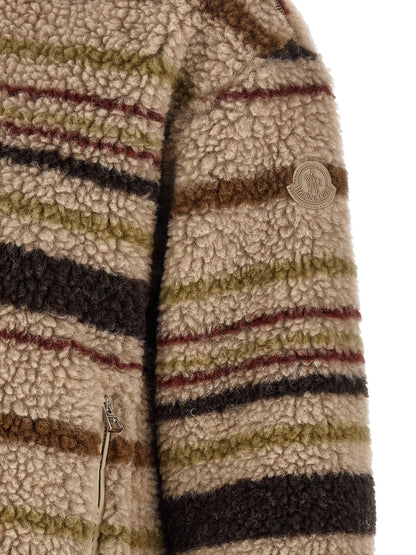Cardigan by Moncler for women in wool & polyester beige, brown, burgundy, green, olive, patterned & striped features a dramatic silhouette, showcasing a sophisticated and dramatic detail for a timeless, premium look.