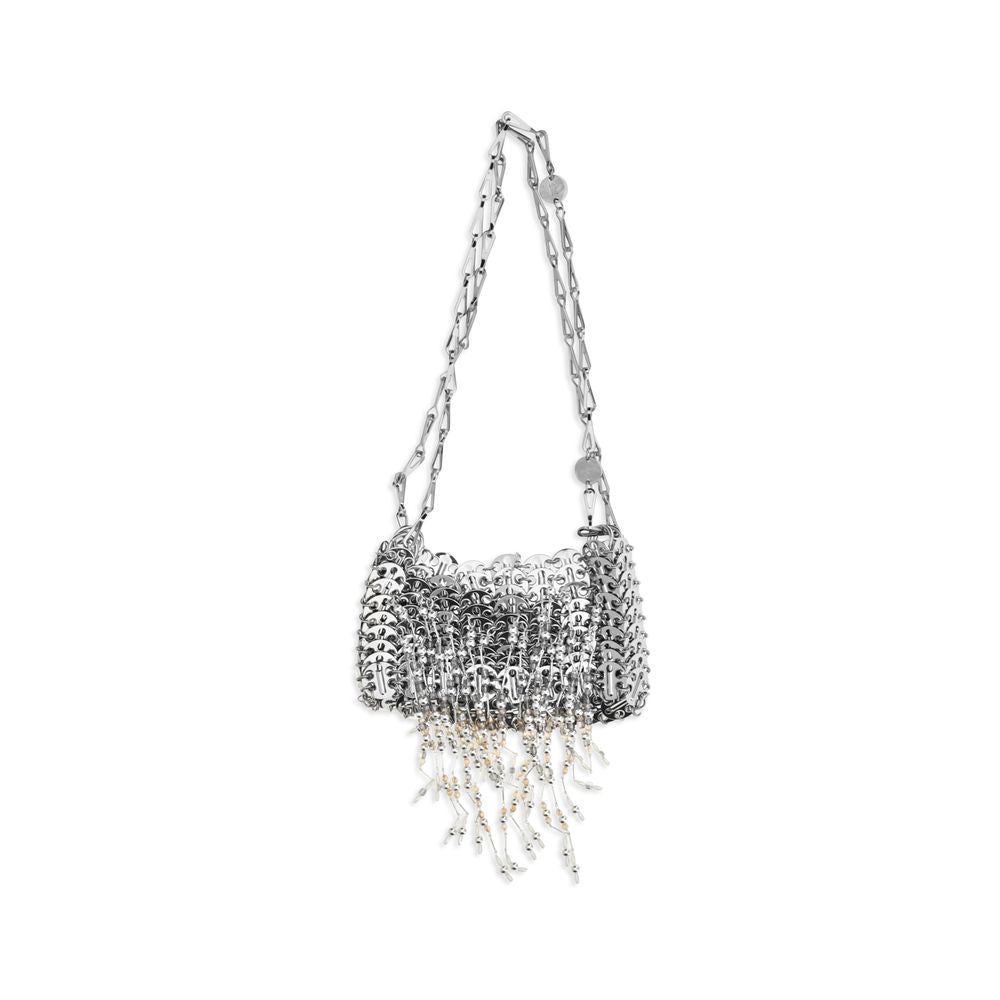 Shoulder Bag by Rabanne for women in stainless steel & glass pearl & silver features a effortless chic silhouette with a secure magnetic, ample , and versatile shoulder-strap for a effortless chic finish.