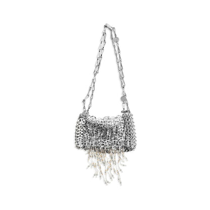 Shoulder Bag by Rabanne for women in stainless steel & glass pearl & silver features a effortless chic silhouette with a secure magnetic, ample , and versatile shoulder-strap for a effortless chic finish.