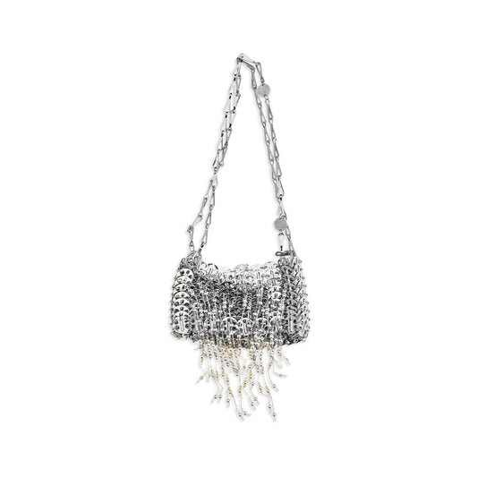 Shoulder Bag by Rabanne for women in stainless steel & glass pearl & silver features a effortless chic silhouette with a secure magnetic, ample , and versatile shoulder-strap for a effortless chic finish.