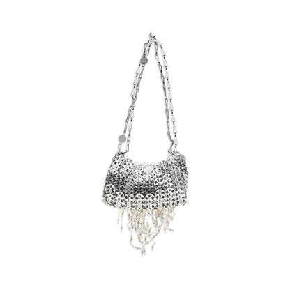 Shoulder Bag by Rabanne for women in stainless steel & glass pearl & silver presents a versatile silhouette, showcasing a secure magnetic and versatile with versatile shoulder-strap for a sophisticated look.