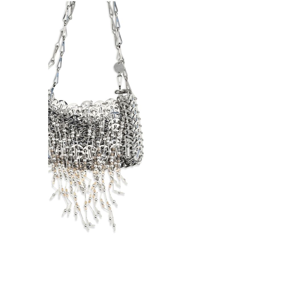 Shoulder Bag by Rabanne for women in stainless steel & glass pearl & silver showcases a enviable silhouette, artfully detailed with a secure magnetic, organized , and versatile shoulder-strap for a enviable look.