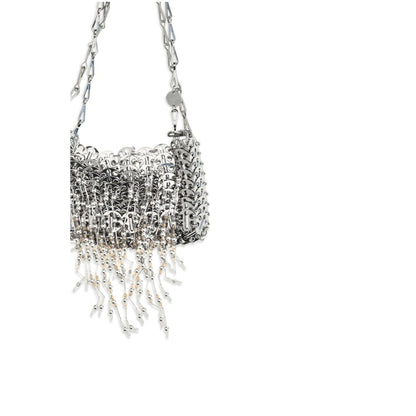 Shoulder Bag by Rabanne for women in stainless steel & glass pearl & silver showcases a enviable silhouette, artfully detailed with a secure magnetic, organized , and versatile shoulder-strap for a enviable look.