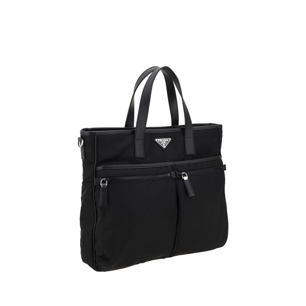 Shoulder Tote Bag by Prada for men in nylon leather black features an effortlessly chic silhouette with a secure zipper, ample single-compartment, and versatile shoulder-strap, handle & adjustable-strap for effortlessly chic everyday luxury.