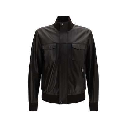 This Bomber Jacket by Dolce & Gabbana for men in lambskin leather brown exhibits a edgy silhouette, meticulously detailed with functional and a edgy for a edgy finish.