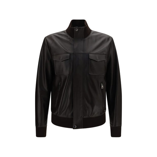 This Bomber Jacket by Dolce & Gabbana for men in lambskin leather brown exhibits a edgy silhouette, meticulously detailed with functional and a edgy for a edgy finish.