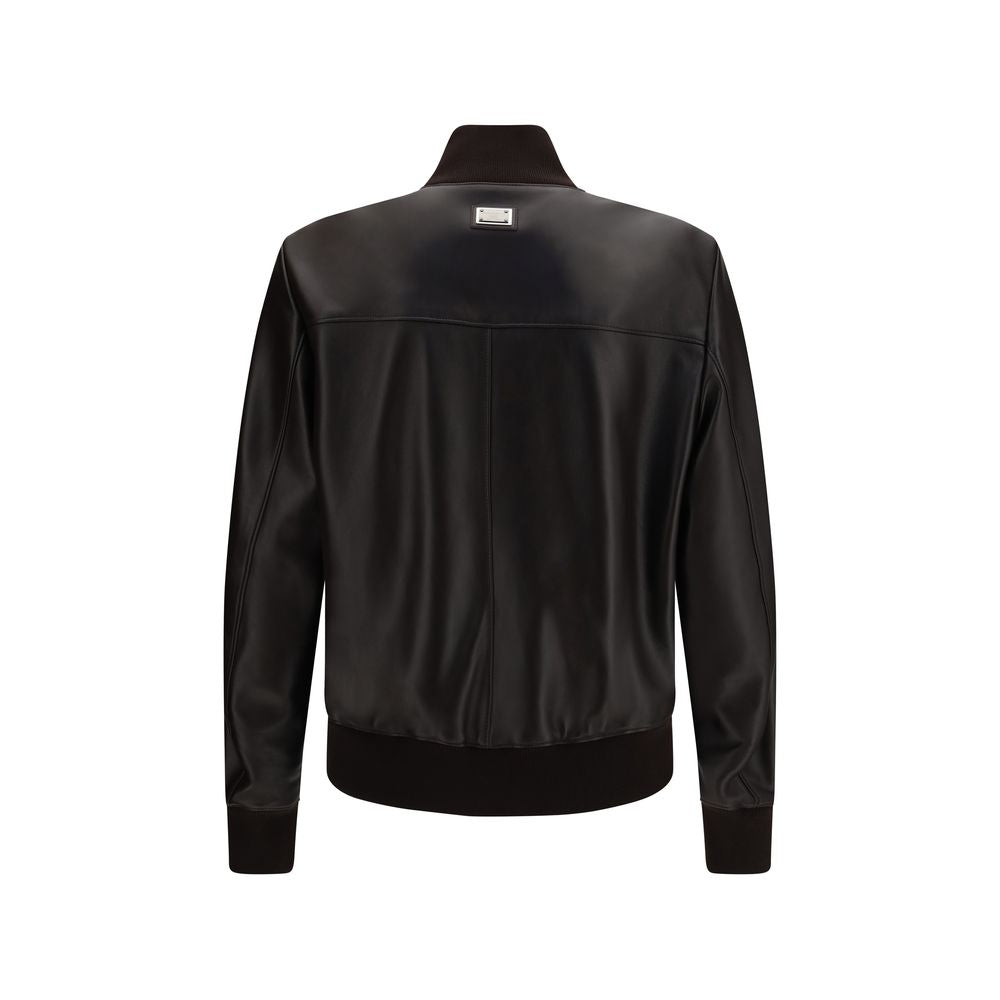 Bomber Jacket by Dolce & Gabbana for men in lambskin leather brown features a dramatic silhouette, showcasing a sophisticated and distinctive for a dramatic aesthetic.