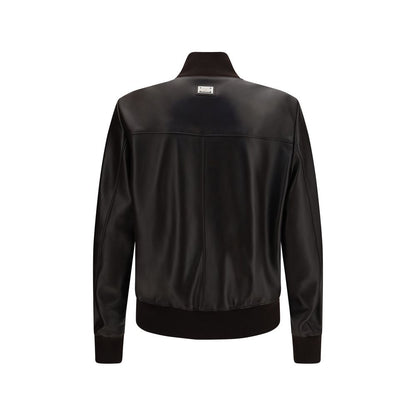 Bomber Jacket by Dolce & Gabbana for men in lambskin leather brown features a dramatic silhouette, showcasing a sophisticated and distinctive for a dramatic aesthetic.
