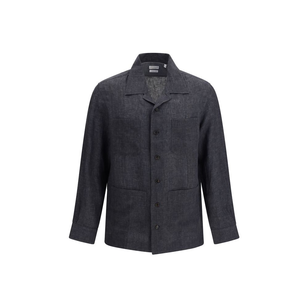 Shirt by Brunello Cucinelli for men in linen gray & patterned showcases a sublime silhouette, artfully detailed with a sublime and long-sleeve for a sophisticated, sublime finish.