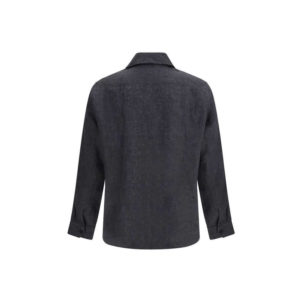 Shirt by Brunello Cucinelli for men in linen gray & patterned showcases a sleek silhouette, elegantly detailed with a sleek and for a sleek finish.